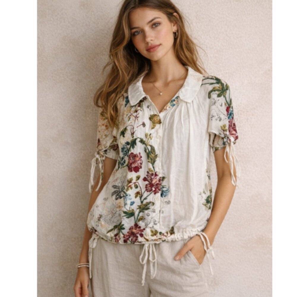 Wunderkind Italy Silk Cotton Floral Blouse Drawstring Waist‎ Short Sleeve sz 6